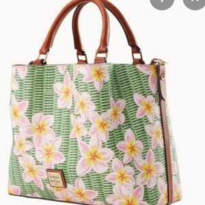 Dooney & Bourke Pink Floral on Green Satchel with Brown Trim Plumaria BRENNA